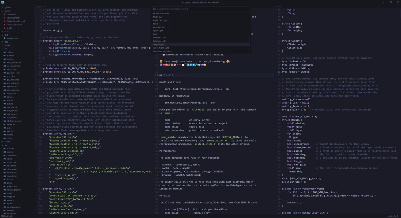 The color theme picker open over three files in the Tokyo Night theme