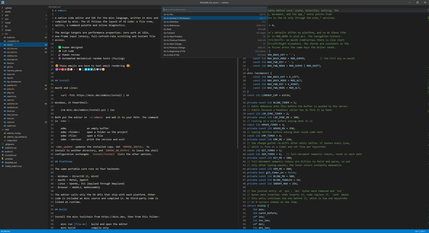 edminc on Windows: the command palette open over two files side by side