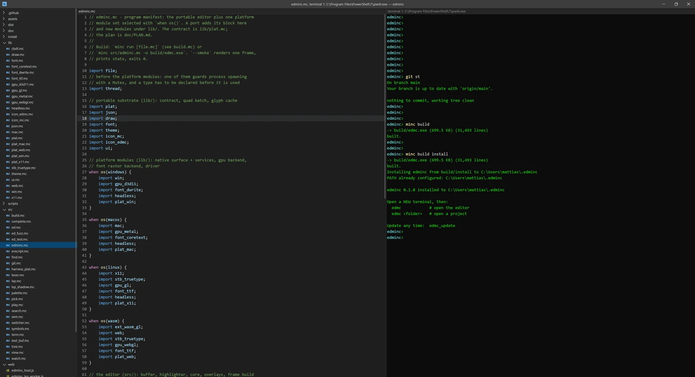 edminc with a PowerShell terminal pane beside a source file, running git status and minc build install