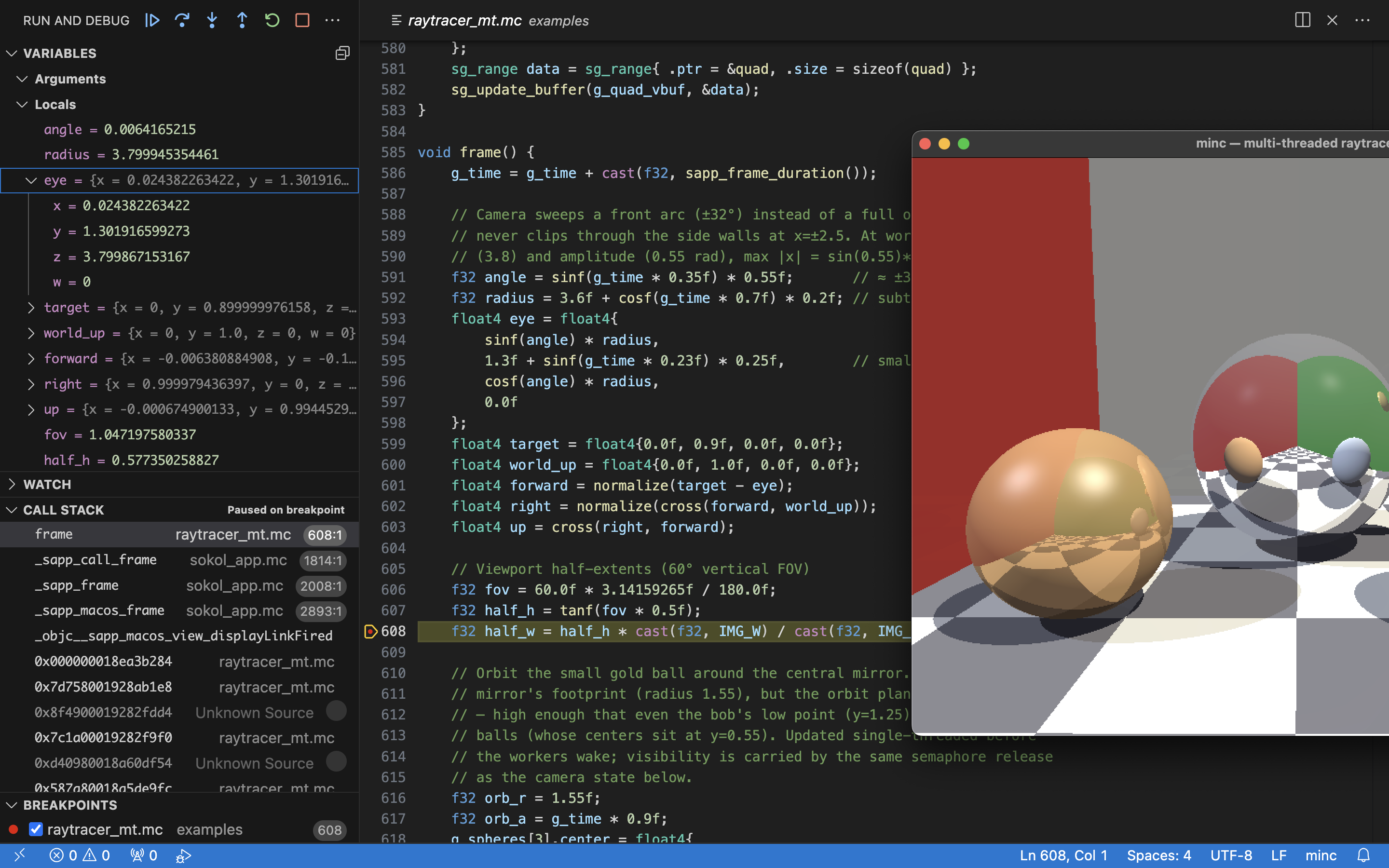 VS Code debugging a minc program with breakpoints, variables and call stack